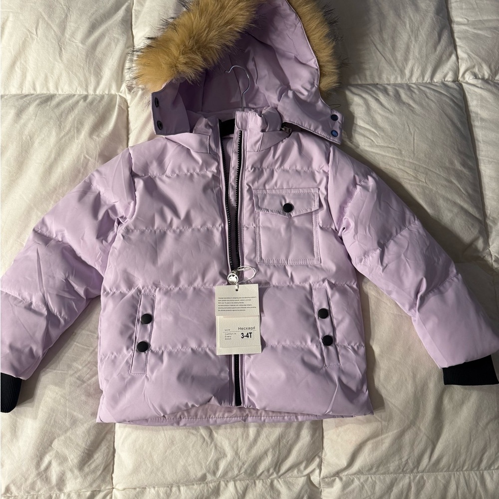 NWT Lilac Hooded Puffer Jacket with Faux Fur Trim 3T - 4T
